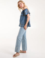 Denim Embroidered Bardot Top