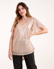 Angel Sleeve V Neck Sequin Top