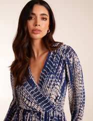 Pleated Abstract Snake Print Wrap Dress