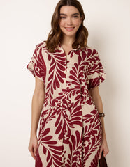 Tropical Leaf Print Belted Shirt Dress