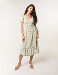 Border Print Puff Sleeve Midi Dress