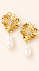 Opaline Flower Pearl Drop Earrings - Gold