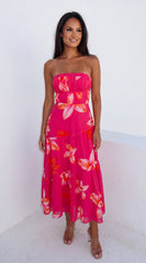 Paradiso Floral Print Midi Dress - Pink