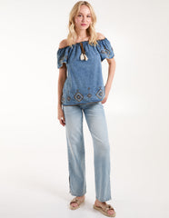 Denim Embroidered Bardot Top