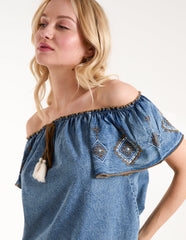 Denim Embroidered Bardot Top