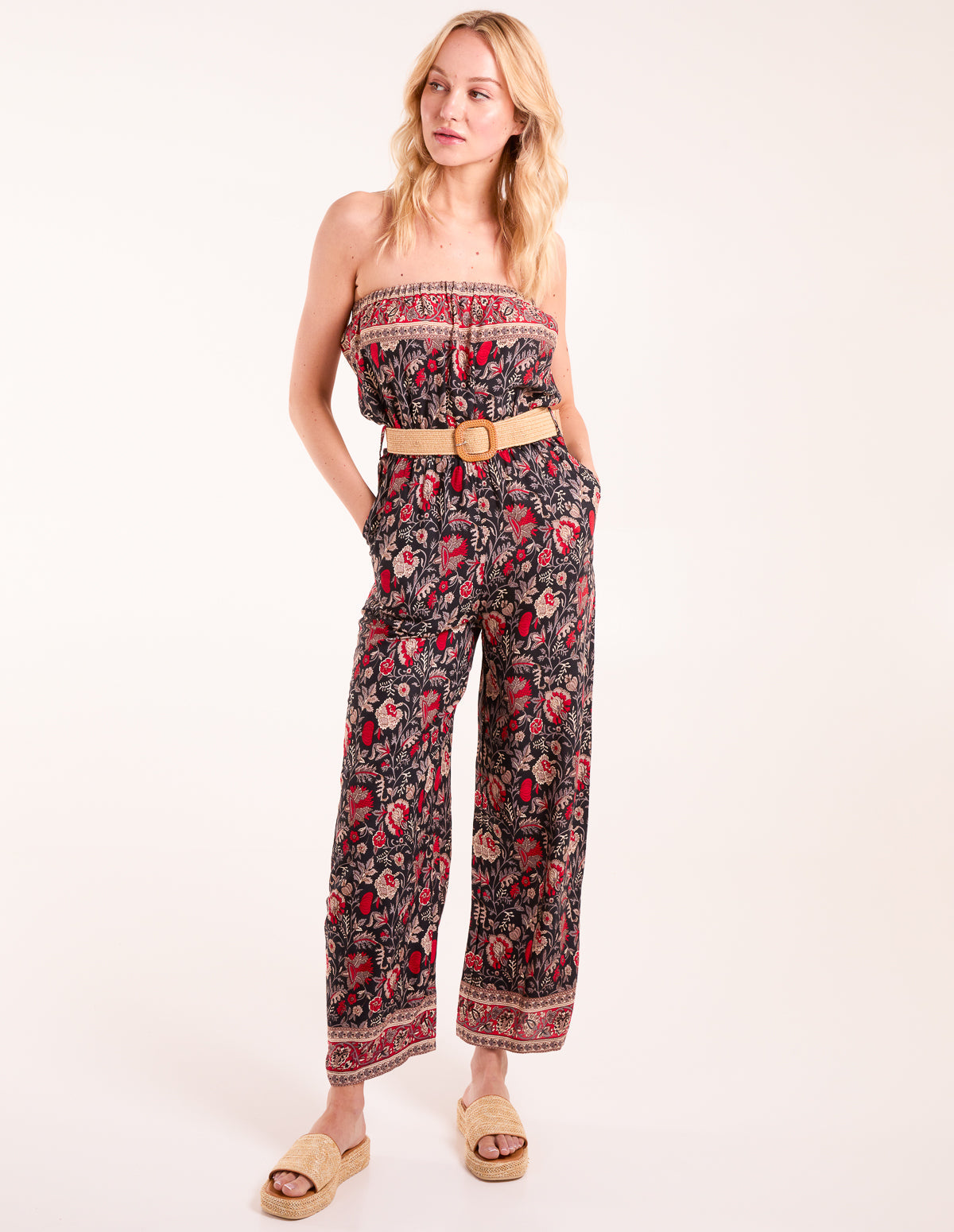 Printed Woven Belted Bandeau Jumpsuit