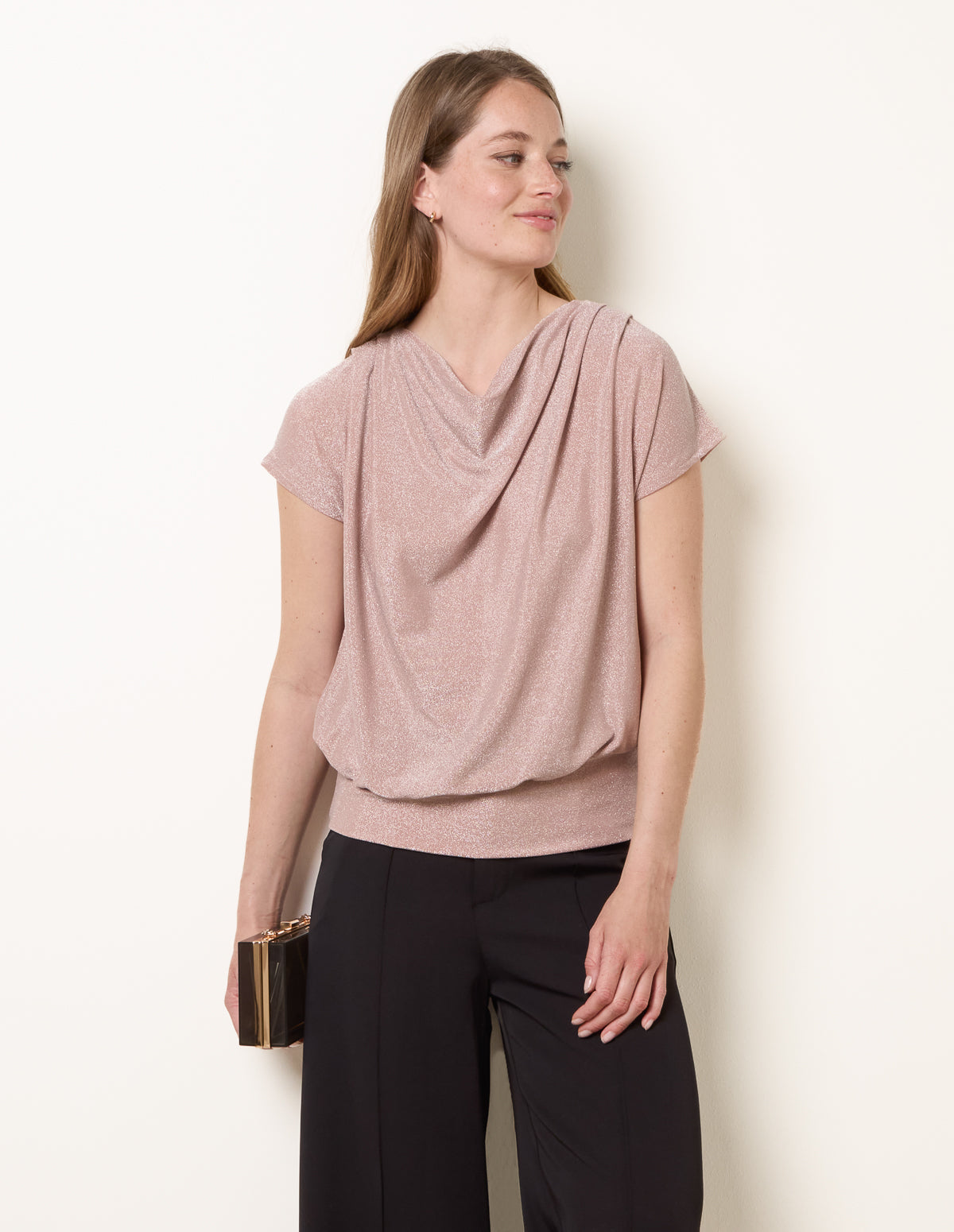 Metallic Cowl Neck Draped Top