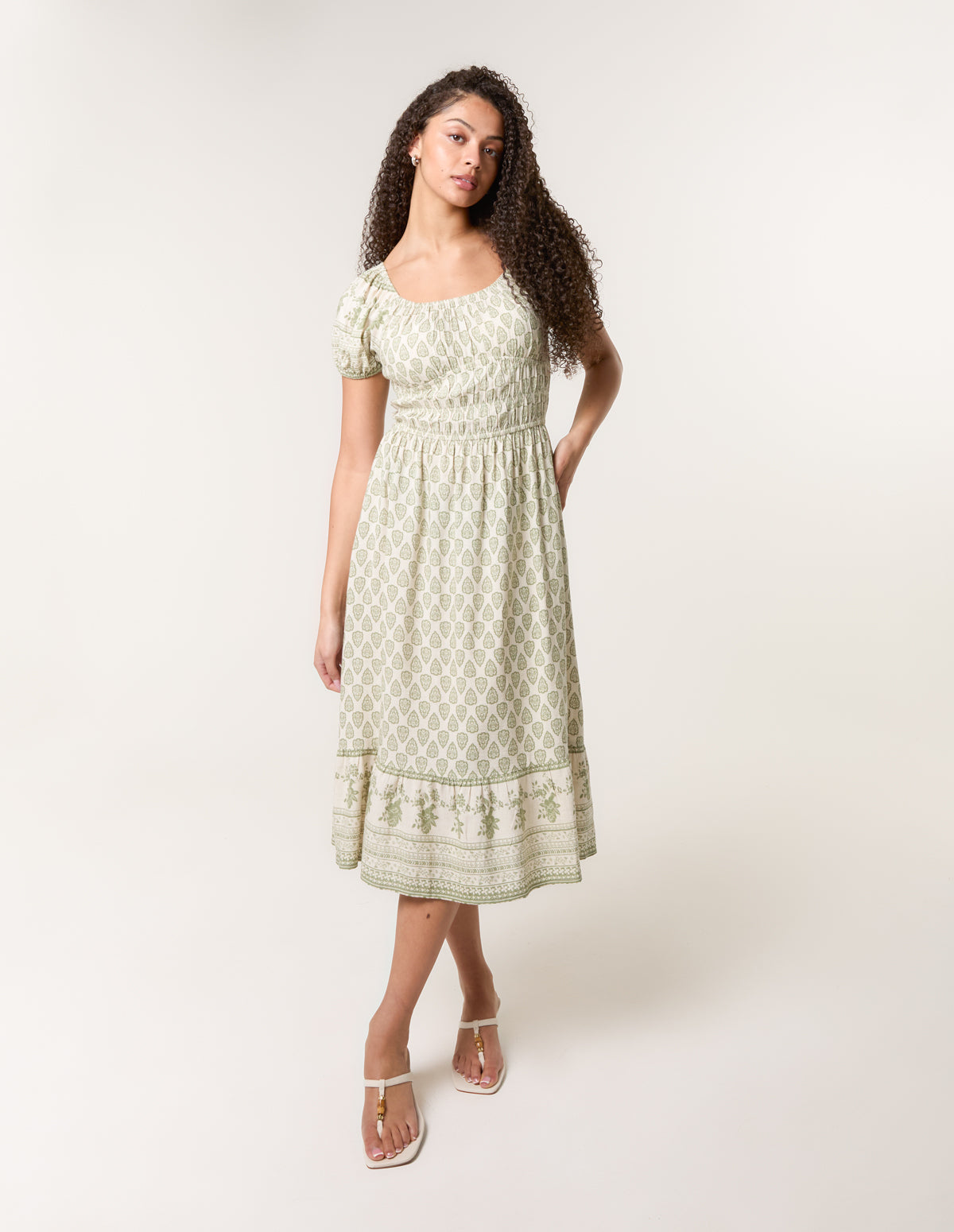 Border Print Puff Sleeve Midi Dress