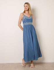 Floral Embroidery Adjustable Strap Maxi Dress